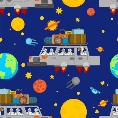 Uzay turizmi modeli sorunsuz. Uçan araba backgro Astronotlar