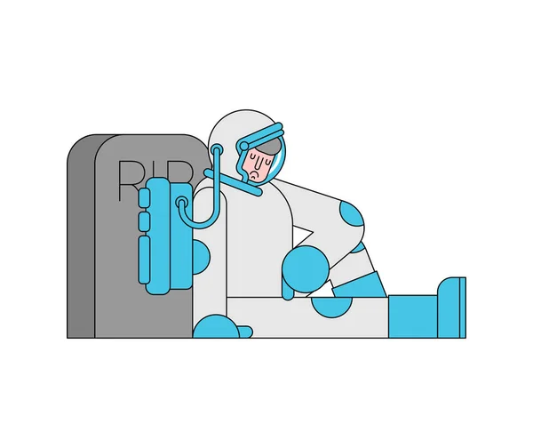 O Astronauta Triste está sentado junto à sepultura. Homem do espaço e lápide — Vetor de Stock