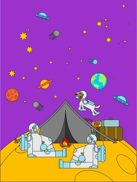 Utrymme Camping på månen. Astronaut och tält. Spaceman på semester — Stock vektor