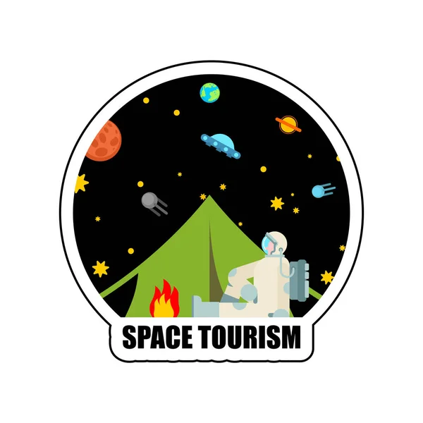 Rymdturism logotyp. Cosmic Camping skylt. Astronaut och tält. Spa — Stock vektor