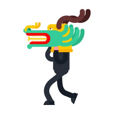 Man in Chinese dragon mask face. China Holiday mythical monster vector Man in Chinese dragon mask face. China Holiday mythical monster vector