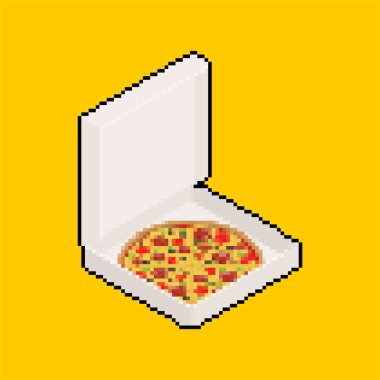 Pizza kutusunda açık piksel sanat. 8 bit Fastfood vektör illüstrasyon