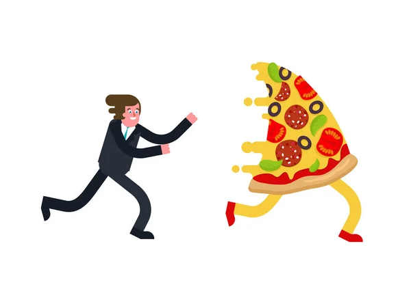 El hombre corre por pizza aislada. Ilustración del vector del hambre — Archivo Imágenes Vectoriales