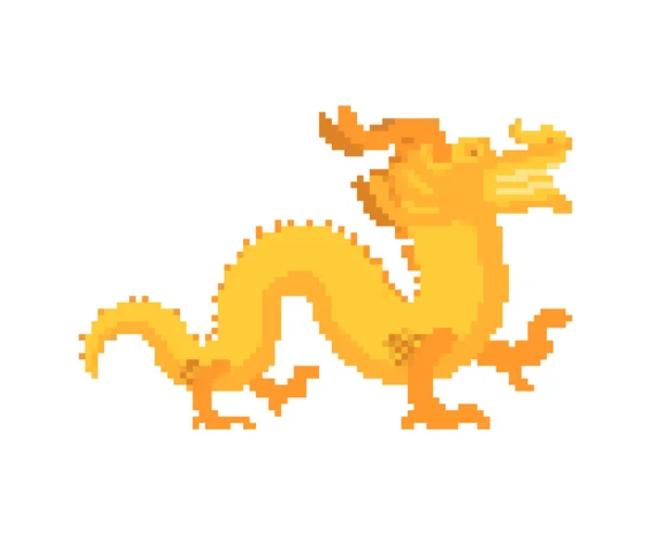 Oro Drago cinese pixel art. Golden mostro mitico giapponese . — Vettoriale Stock