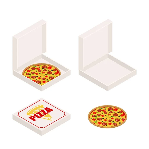 Pizza i pudełka. Zamknięte i otwarte pudełko. Szybkie jedzenie wektor ilustr — Wektor stockowy