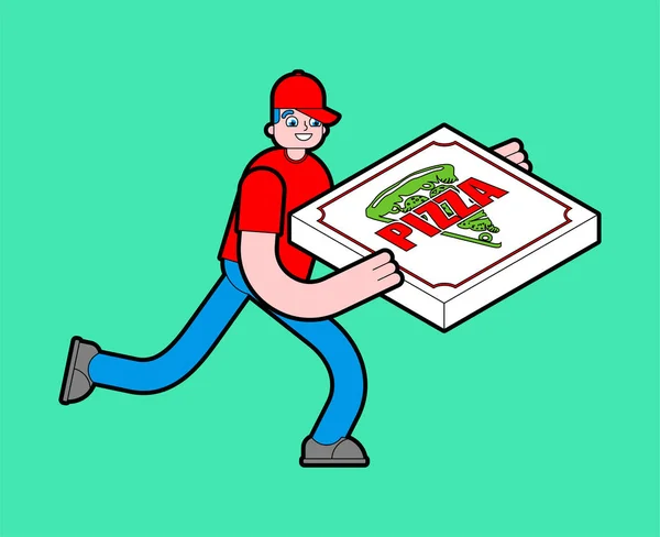 La entrega de pizza está aislada. El hombre corre con la caja de pizza. vector mal — Vector de stock