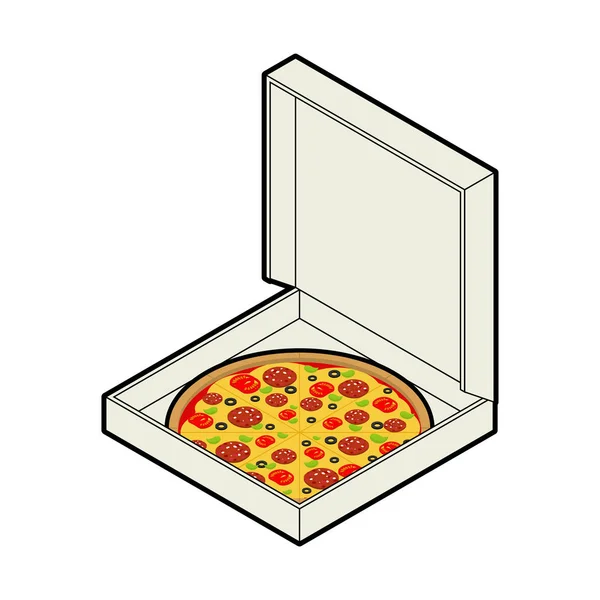 Pizza w pudełku otwarte na białym tle. Fastfood wektor ilustracji — Wektor stockowy