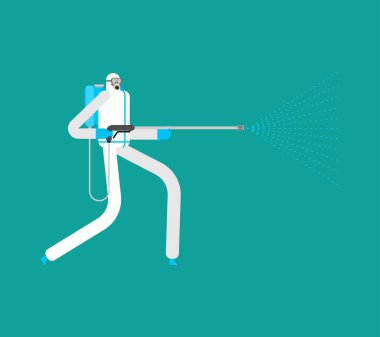 Dezenfektan izole edildi. Dezenfeksiyon koronavirüsü. Dezenfektan işçisi koruyucu maske ve takım elbise giyer. Temizleme ve Dezenfekte Virüsü, Covid-19