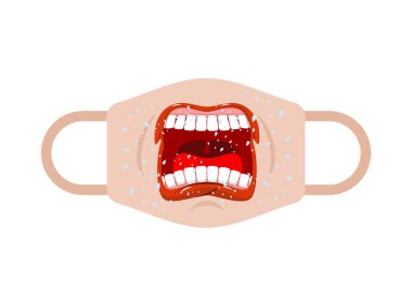 Ağzı çığlık atan koruyucu maske şablonu. Coronavirus koruması. Ev yapımı maske modeli. Dişleri COVID-19 olan bireysel maske tasarımı. Salgın kendini soyutlama