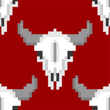 Kafatası inek pikseli kusursuz. Boğa 8 bitlik geçmişi olan iskelet kafa. vektör dokusu