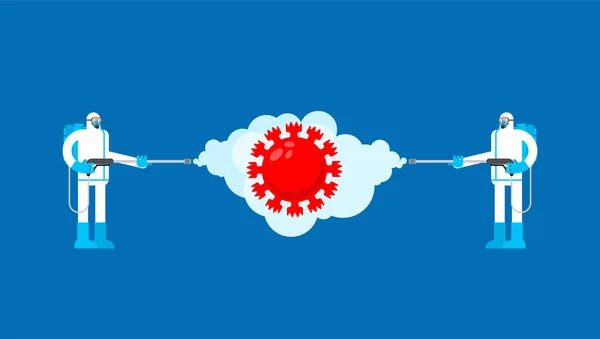 Коронавірус Дезінфекції Дизінфекційний Працівник Носить Захисну Маску Костюм Очищення Дезінфекція — стоковий вектор