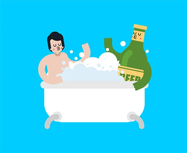 Sörimádó Fürdés Fürdőben Guy Egy Üveg Sör Romantikus Kapcsolat Alkohollal — Stock Vector