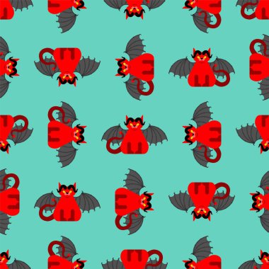 Şeytan kedi deseni kusursuz. Şeytan evcil hayvan geçmişi. Kırmızı şeytan hayvan dokusu. vektör süslemesi