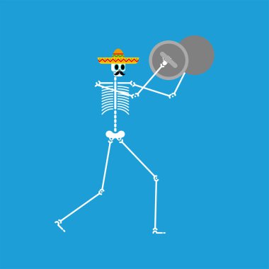 İskelet ve ziller. Müzik aleti olan ölü bir adam. Ölü müzik grubu. Sombrero 'lu Kafatası. Meksika 'da ölüm günü.