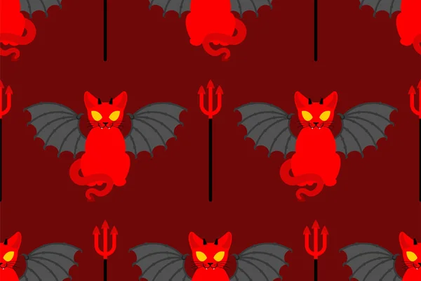 魔鬼猫模式无缝 撒旦的宠物背景 红色恶魔动物的纹理 矢量装饰品 — 图库矢量图片