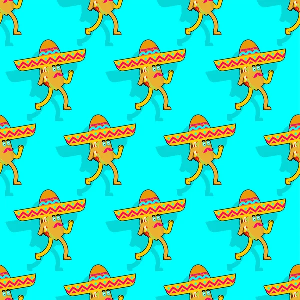 Taco Dibujos Animados Patrón Sombrero Sin Costuras Comida Rápida Mexicana — Vector de stock