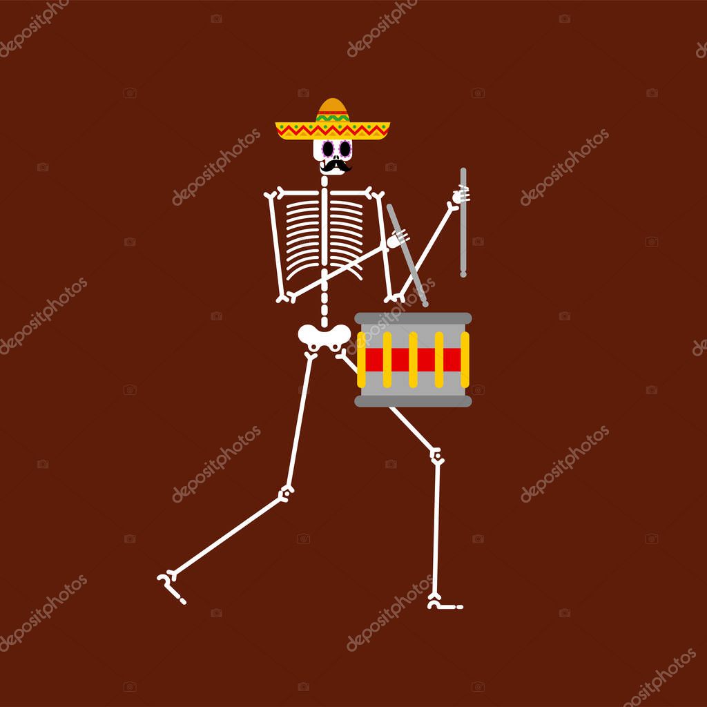 Skeleton and drum. Dead man with musical instrument. Dead music band. Skull in sombrero. Day of dead in mexico.