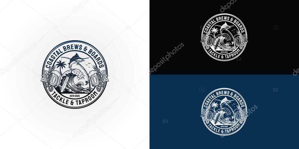 An old-style logo for your skateboard, fishing tackle, and beer taproom. It combines a fish, a skateboard deck, and a beer bottle to capture your unique coastal skater vibe.