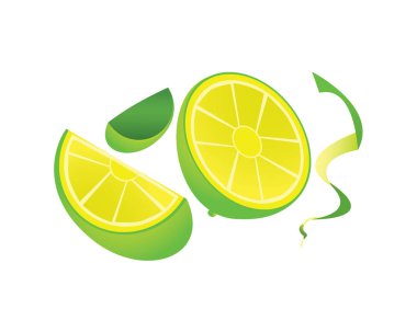 Yeşil limon dilimleri ile kabukları. Beyaz arka plan üzerinde izole vektör çizim