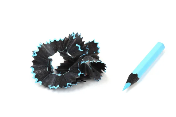 Blue Pencil Shavings White Paper Background — Stock Photo, Image