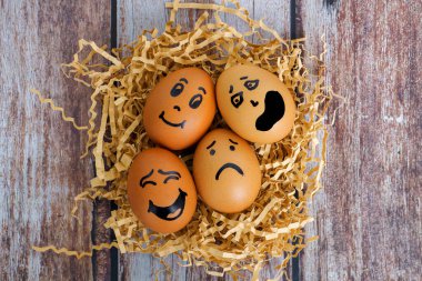 Yuvaya yerleştirilmiş çeşitli neşeli yüz ifadeleri sergileyen yaratıcı ve yaratıcı bir yumurta tasviri.