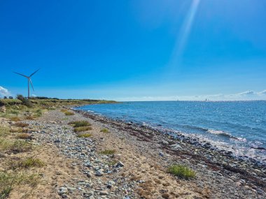 Parlak, güneşli bir gökyüzünün altında sakin bir denize bakan bir rüzgar türbini ile hayret verici güzel bir kıyı şeridi.