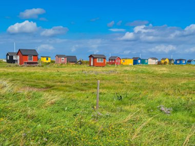 Canlı, renkli kamaralar yemyeşil bir tarlaya ve dingin sahil kenarındaki masmavi gökyüzüne karşı güzelce dizilmiştir.