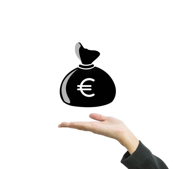 Närbild Money Bag Eurovaluta Arbetande Kvinna Hand Isolerad Vit Bakgrund — Stockfoto