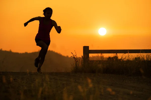 silhouette young fitness woman running at grass field road and mountain sunset background