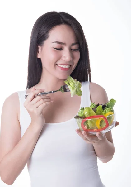 Mujer Asiática Saludable Con Ensalada Aislado Sobre Fondo Blanco Estilo — Foto de Stock