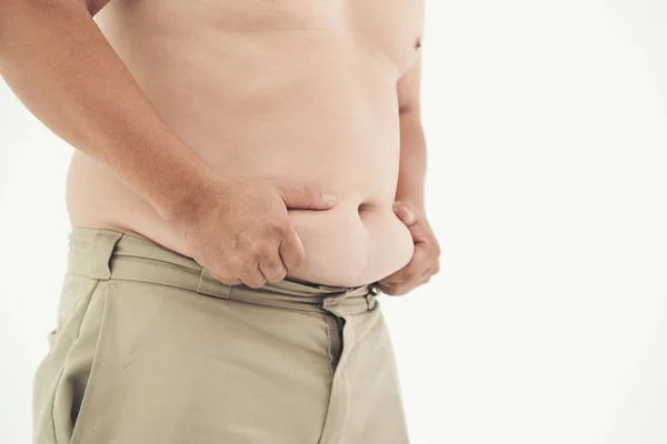 Hombre gordo del vientre en un concepto blanco de la salud del sobrepeso del fondo — Foto de Stock