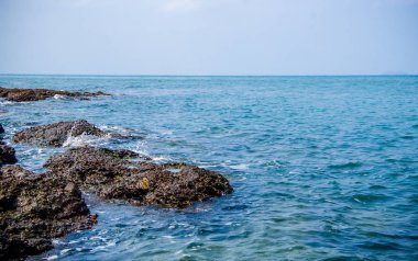 Kıyıdaki kayalarda okyanus dalgaları kırılıyor..
