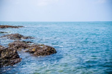 Kıyıdaki kayalarda okyanus dalgaları kırılıyor..