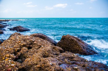 Kıyıdaki kayalarda okyanus dalgaları kırılıyor..
