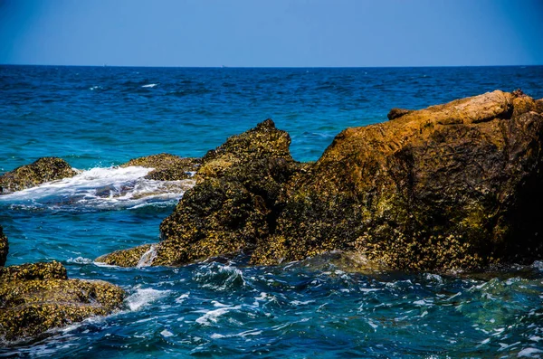 Las olas oceánicas que rompen en las rocas de la costa. — Foto de Stock