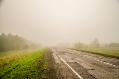 Sabah erkenden. Orman sisin içinde saklanıyor. orman yolu.