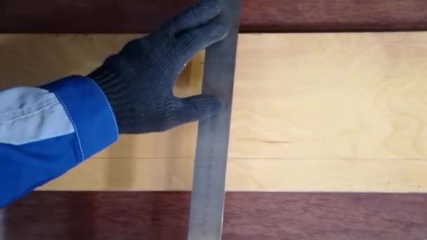 鉛筆で木の板の上に定規に線を引く 板上の措置距離 — ストック動画