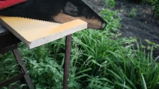 男人用手锯锯木木板 — 图库视频影像