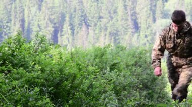 Ormanda bir adam. Yol boyunca yürüyorum. Kozalaklı ağaçların dağlık tepelerine eriş.