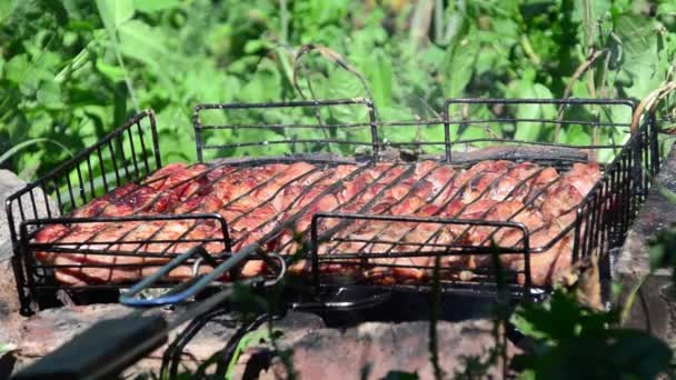 Barbecue Est Préparé Sur Gril Fumée Feu — Video