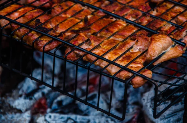 Barbecue Est Préparé Sur Gril Fumée Feu — Photo