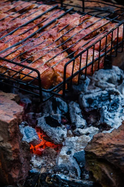 烤肉是在烤架上准备的 火中冒出的烟 — 图库照片