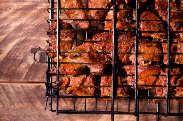 Grill Grillen Läcker Shish Kebab Träskivor — Stockfoto