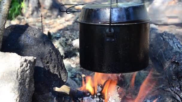 Φωτιά Καίει Στην Εκστρατεία Λίγο Τσάι Δίπλα Στη Φωτιά Κατσαρόλα — Αρχείο Βίντεο