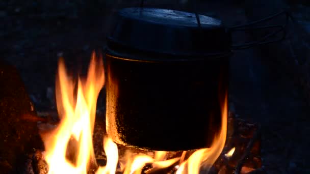 Φωτιά Καίει Στην Εκστρατεία Λίγο Τσάι Δίπλα Στη Φωτιά Κατσαρόλα — Αρχείο Βίντεο