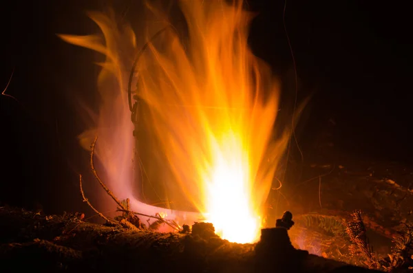 Incendios Quemados Campaña Olla Junto Fuego —  Fotos de Stock