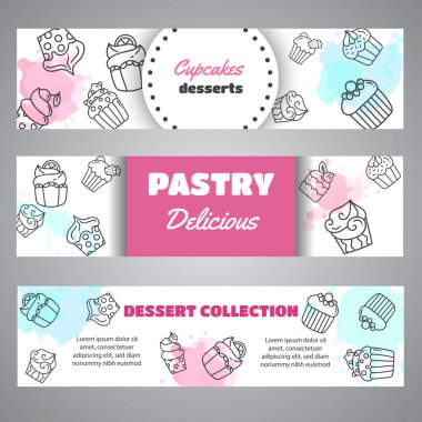 Cupcake afiş handdrawn çörekler ve pembe sıçraması ile. Tatlı pasta sloganı. Unlu tatlılar koleksiyonu vektör