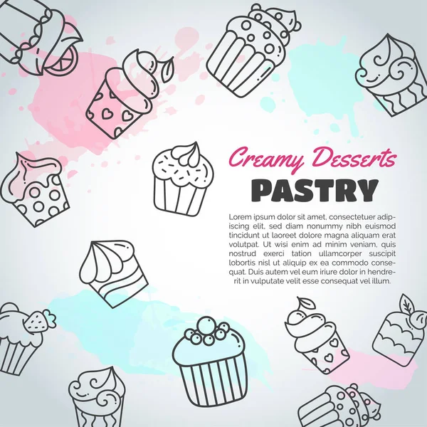 Cupcake háttér, handdrawn cupcakes és rózsaszín. A tésztához szlogen. Pékség desszertek gyűjteménye vektor — Stock Vector