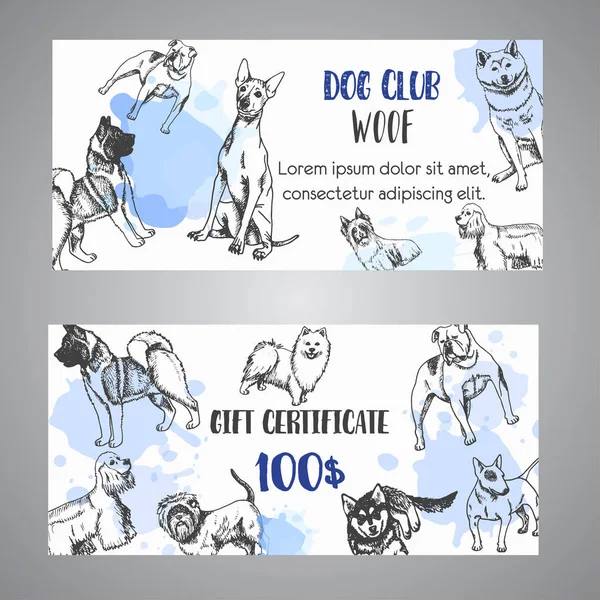 Perros dibujados a mano razas certificado de regalo. Boceto de perro. Bulldog francés, salchicha, Husky. Ilustración vectorial — Archivo Imágenes Vectoriales