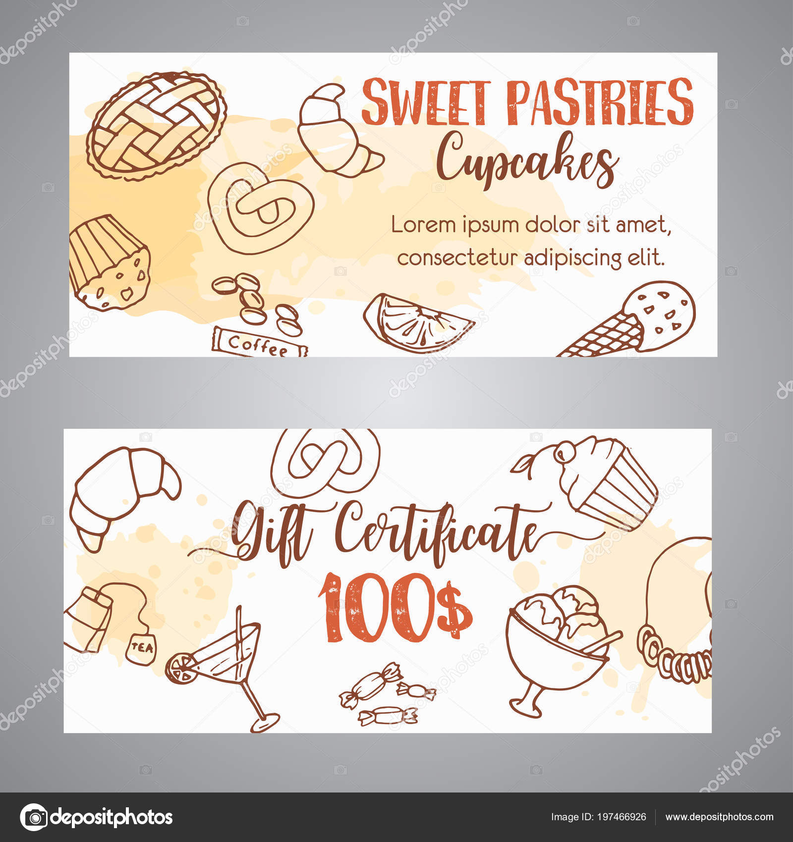 Bono de regalo de pastelería. Panadería pancartas horizontales con pasteles.  Pastelería dulce, cupcakes, posters de postre con pastel de chocolate,  dulces Dibujo dibujado a mano. Vector Vector de stock #197466926 de ©kamimi, image size:1600x1700